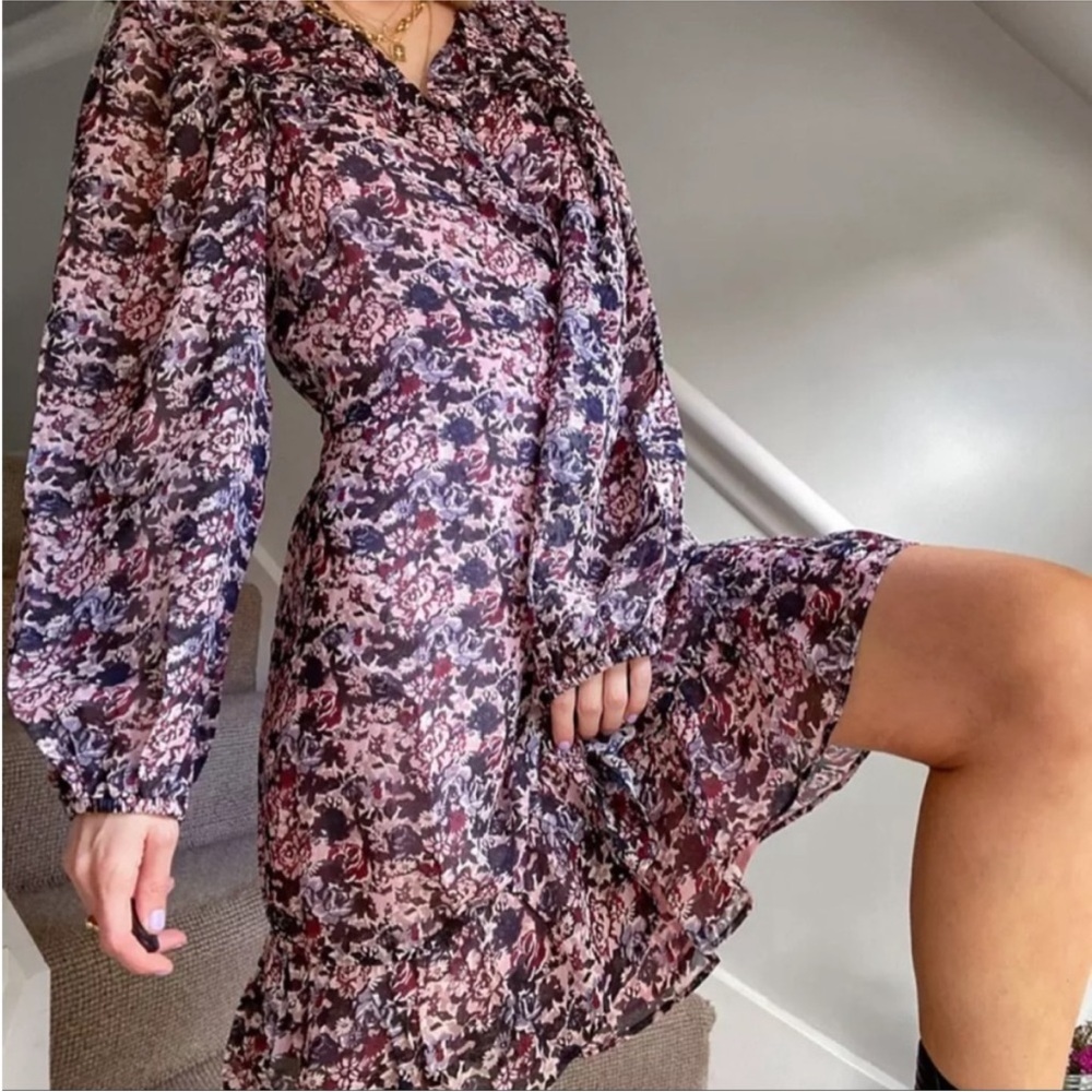 & OTHER STORIES PUFF LONG SLEEVE PRINT WRAP RUFFLED COQUETTE MINI DRESS 0